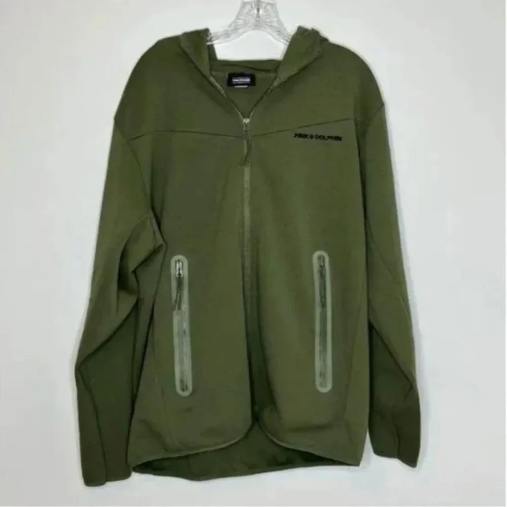 Pink + Dolphin Men's Wave Activewear Full Zip Hoodie in Olive Green Size XL